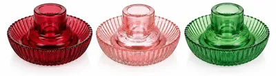3er-Set gerippte Glas-Kerzenhalter, farbig, 9 cm