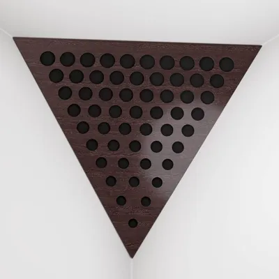 Immagine prodotto di Confezione da 2 – Bass trap per angoli del soffitto "Triangle-F" | Schiuma acustica piramidale con pannello HDF laminato e rivestimento in tessuto [ROUNDS - Wenge | Nero]