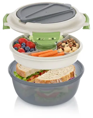 Produktbild von Arendo Lunchbox rund 1,2 l, Brotdose mit Trenntablett 4 Fächer, Saucenbox und Spork, luftdicht, auslaufsicher, Silikondichtung, Klickverschluss, mikrowellengeeignet, grau/grün