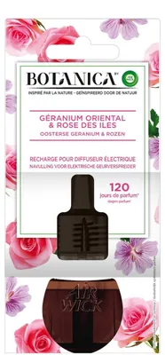Zdjęcie produktu dla Air Wick Botanica, elektryczny dyfuzor, olejek, geranium, róża, butelka, 19 ml, 4-tert-butylocykloksylooctan, tetrahydrolinalool, eukaliptol, kumaryna