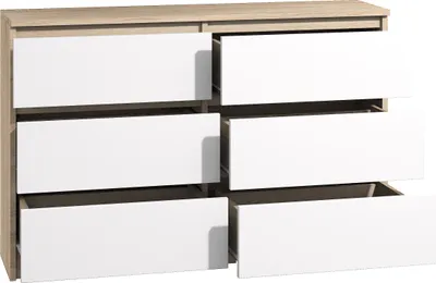 A dresser with six drawers, some of which are open, against a white background.