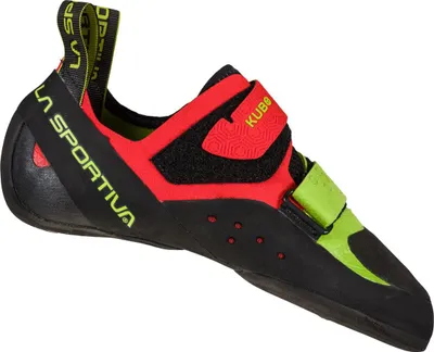Kletterschuh "Kubo" von La Sportiva in Schwarz; Rot und Grün mit Klettverschluss.