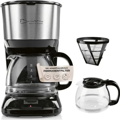 A coffee maker and its accessories are displayed against a white background.