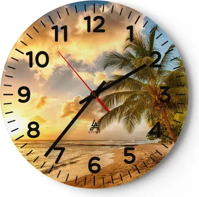 Produktbild von Wanduhr - Rund - Glasuhr - Strand Meer Palme - 30x30cm - Schleichendes Uhrwerk - Lautlos - zum Aufhängen bereit - Dekoration Modern - Wanddekoration aus Glas - C4AR30x30-3606