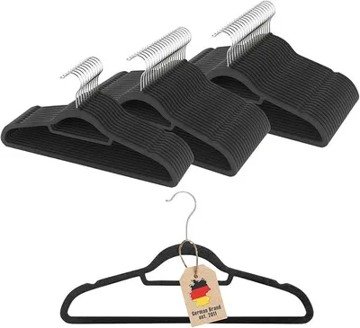 Produktbild von PolkaHome® Kleiderbügel aus Samt, 50 Stück, 43,5 cm, schwarz, rutschfest, platzsparend, mit Hosenstange