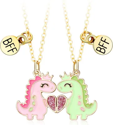 Produktbild von Bixorp Friends BFF náhrdelník pre 2 s dinosaurami - zlatá farba - ružová a zelená - magnetický náhrdelník priateľstva - dve polovice Najlepší priatelia - darček pre priateľstvo pre dvoch