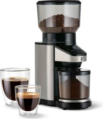 Produktbild von Tchibo elektrische Kaffeemühle, eingebaute Waage, Edelstahlmahlwerk, Kegelmahlwerk 26 Mahlgradeinstellungen, Schwarz/Silber