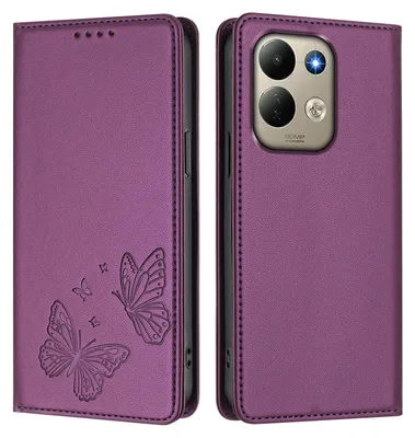 Image de Étui en cuir pour Xiaomi Redmi 17 4G/5G, avec motif papillon, type portefeuille rabattable avec support. Couleur : violet