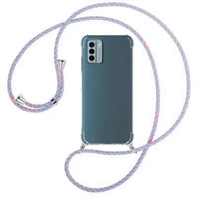 Produktbild von Handykette Backcover-Schutzhülle mit Band (Metall silberfarben) für Nokia G22 (6.5'') - pink/mint