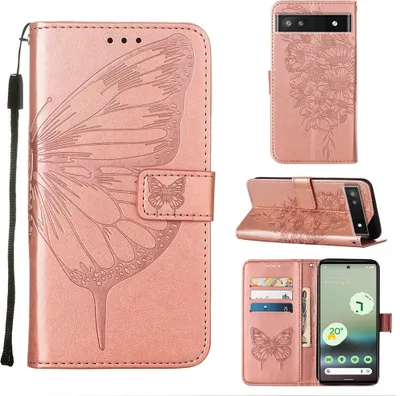 Produktbild von Google Pixel 6A Hülle, Schmetterling Prägung Flip Leder Kartenfächer Schutzhülle Ledertasche mit Ständer für Google Pixel 6A Roségold