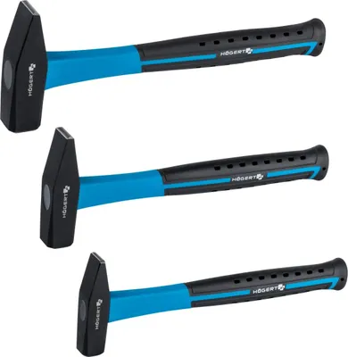 Produktbild von Schlosserhammer - Set 300g, 500g und 800g mit Fiberglasstiel von Högert | Kopf aus geschmiedetem C45 Kohlenstoff | Vibrationsdämpfender Fiberglasstiel