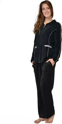 Produktbild von RAIKOU Damen Baumwolle Schlafanzug 36/38 Velours Freizeitanzug mit Reißverschluss Schwarz