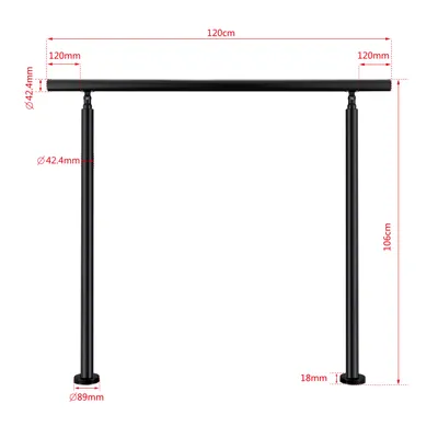A black metal handrail with dimensions indicated by red lines and text.