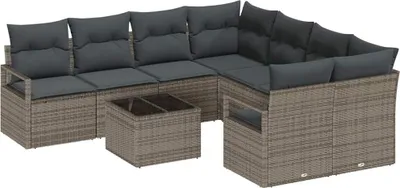 Image de vidaXL Ensemble de canapés avec coussins avec mémoire 9 pcs Gris Poly-Rotin