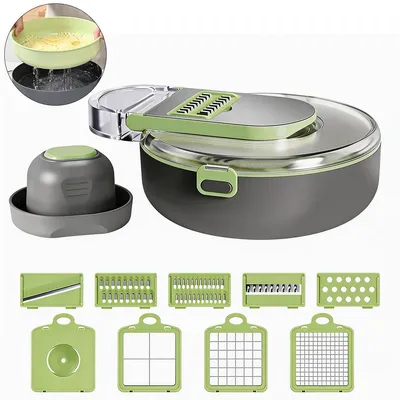 Produktbild von Gemüseschneider Set mit 8 Klingen, Auffangbehälter & Fingerschutz, multifunktionaler Hobel zum Schneiden, Würfeln, Reiben – zeitsparend