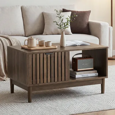 Produktbild von 80 cm Couchtisch Mid-Century Modern Stil, Wohnzimmertisch in Walnuss, Gitterstruktur mit Schublade und offenen Regalen, Beine aus Massivholz