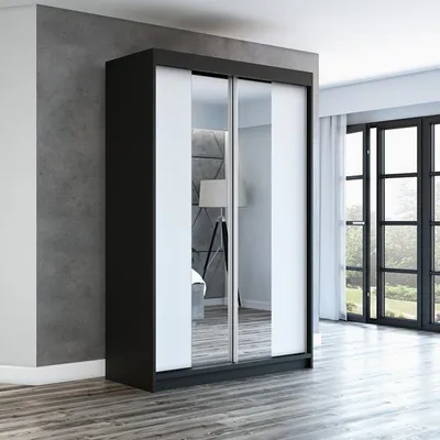Produktbild von Schwebetürenschrank, 2-türig Schrank mit Spiegel! Moderne Garderobe für Kleidung. Verschiedene Farben (Weiß, Schwarz, Somona) Kleiderschrank NEO 120 cm
