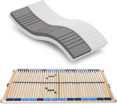 A mattress and a slatted bed base shown separately against a white background.