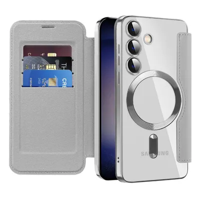 Image de Etui pour Samsung Galaxy S24 compatible avec MagSafe, étui transparent avec porte-cartes, étui en cuir avec protection de l'appareil photo Argent