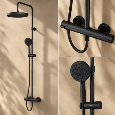 Produktbild von AM.PM Play Duschsystem mit Thermostat & Wanneneinlauf, Komplettes Duschset mit Regendusche 30 cm, höhenverstellbare Duschsäule Schwarz F078Z422