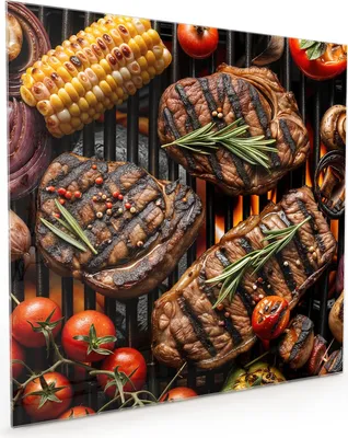 Produktbild von Küchenrückwand Spritzschutz Glas mit Motiv Grillplatte 40 x 40 cm