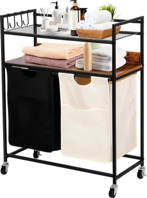 Image de Panier à linge Famanu avec 2 compartiments et 2 étagères - Marron vintage