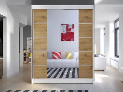 Obrázek produktu pro Zrcadlová šatní skříň 150 cm s posuvnými dveřmi PIRITU 5 - dub artisan / bílá