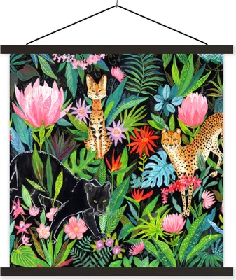 Produktbild von MuchoWow® Textilposter Dschungel - Tiere - Blätter - Blumen 90x90 cm mit schwarzem Rahmen - Magnetisches