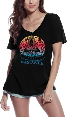Produktbild von Damen Grafik T-Shirt V-Ausschnitt Namaste - Yoga Frieden – Namaste - Yoga Peace – Öko-Verantwortlich Vintage Jahrgang Kurzarm Lustige Druck Geburtstag