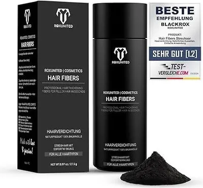 Produktbild von ROXUNITED Streuhaar & Haarpuder, Vergleichssieger 2024, Für Männer & Frauen, Perfekt zur Haarverdichtung & als Haarauffüller, Schwarz, 27,5 g