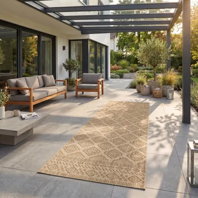 Immagine prodotto di Carpetsale24 Tappeto Outdoor Beige Effetto Juta 80x250 cm Balcone Terrazza Giardino Resistente UV Passatoia Rombi Tessuto piatto Facile pulire