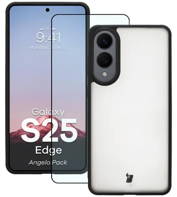 Produktbild von Schutzhülle + gehärtetem Glas für Galaxy S25 Edge, Bizon Angelo Pack, Getönte mit schwarzem Rahmen