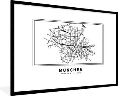 Produktbild von MuchoWow® Gerahmtes Poster Karte - Stadtplan - München - Deutschland - Schwarz-Weiß 90x60 cm - Poster mit Schwarzem Bilderrahmen Wandposter Rahmen Foto Bilder - Wanddekoration - Fotos