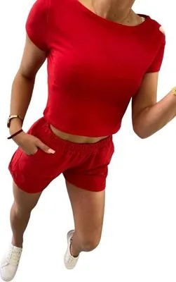 Produktbild von Rotes Damen Bekleidungsset aus Baumwolle-Elasthan, Universelle Größe S-XL, mit Taschen und elastischem Bund