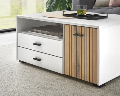 Produktbild von Couchtisch "Merced" Sofatisch weiß und Eiche 90 x 70 cm, mit Soft-Close und Staboptik