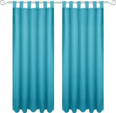 Two turquoise curtains hanging on a curtain rod against a white background.
