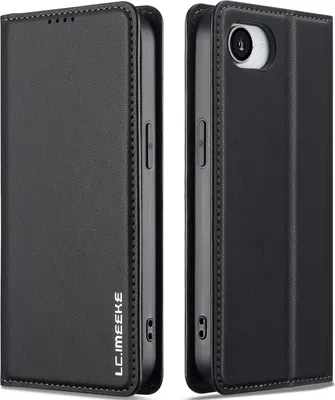 Immagine prodotto di Custodia in pelle con chiusura a scatto magnetica per iPhone 16e/iPhone 17e, con scomparto per carte e funzione di supporto. Nero