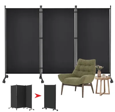 Image de Paravent pliable à 3 panneaux - Mobile sur roulettes - Rotation à 360° - Structure en fer avec revêtement en tissu - Noir