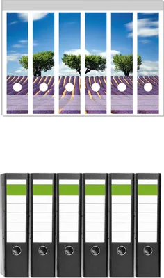 Produktbild von Wallario 6 Stück breite Ordner inkl. Klebeetiketten mit Motive Abstraktes lila Blumenfeld mit Lavendel -  Set mit Rückenschildern / Ordnerrücken Stickern