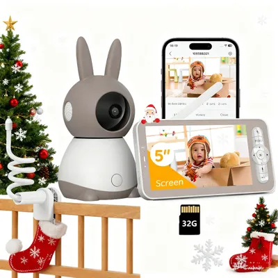 Produktbild von 2K-Babyphone mit Kamera und Nachtsicht, 5-Zoll-WLAN-Video-Babyfon, Gegensprechfunktion, Bewegungserkennung, Temperaturerkennung mit Halterung & 32G