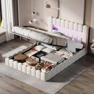 Produktbild von Polsterbett 160x200 cm mit Bettkasten, Leinenbett Beige, Baumstamm-Design, LED-System, USB- & Type-C-Anschluss, Stauraum, Lattenrost, ohne Matratze