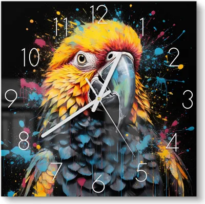 Produktbild von DEQOART Glasuhr 30x30 cm Zahlen 'Papageienfarbspiel' Wanduhr Glas Uhr Design leise Küchenuhr
