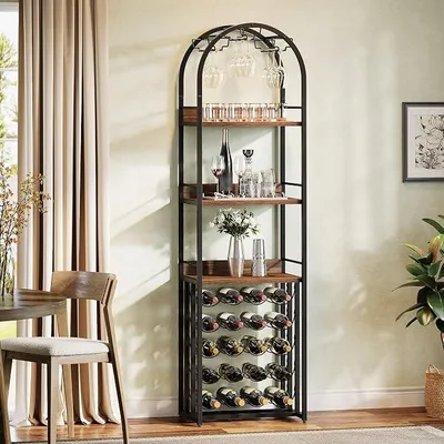 Imagen del producto de Estantería para vinos, soporte para botellas de metal con espacio para copas y almacenamiento de vino, ideal para bodegas, bares y almacenes. Estante para botellas con superficie de apoyo, dimensiones: 50 x 35 x 180 cm, color marrón vintage y