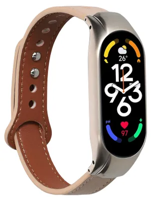 Produktbild von kwmobile Echtleder Uhrenarmband für Xiaomi Mi Band 7 Armband - Ersatzarmband für Fitnesstracker - Wechselarmband Smartwatch - Beige Braun