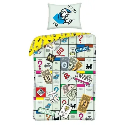 A Monopoly-themed duvet cover and pillowcase set.