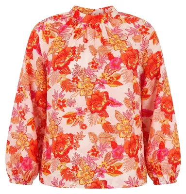 Produktbild von Damen Bluse mit Stehkragen, Blumendruck und in leuchtendem Orange, Größe M