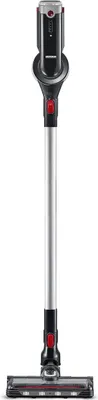 A black and silver stick vacuum cleaner with a red accent is shown against a white background.