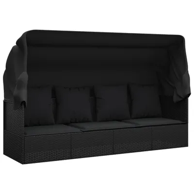 A black outdoor lounge bed with a canopy and cushions, shown from the front.
