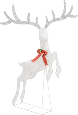 A white LED reindeer decoration with a red bow and gold bell.