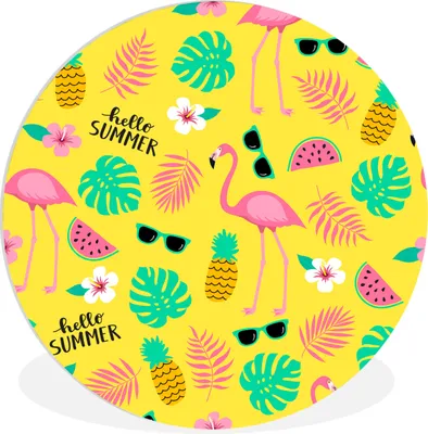 Produktbild von MuchoWow® Rundes Wandbild - Runde Bilder Sommer - Flamingo - Gelb Ø 90 cm Kreis Wanddekoration Kunststoff - Wandkreis - Wandschmuck - Wand-Kreis - Wohnzimmer - Bild - Runde - Wanddeko - Dibond - Kunstdrucke